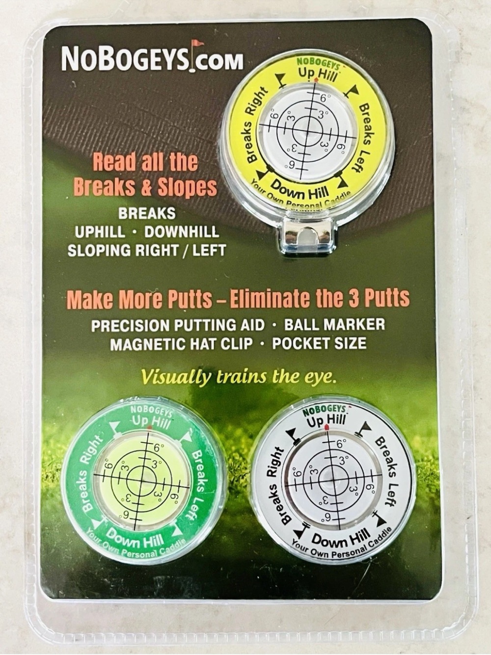 NoBogeys Precision Putting Aid, Magnetic Golf Hat Clip & Ball Marker-NEW